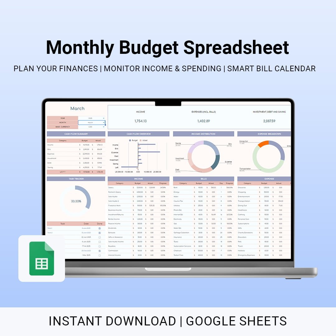 Monthly Budget Spreadsheet for Google Sheets