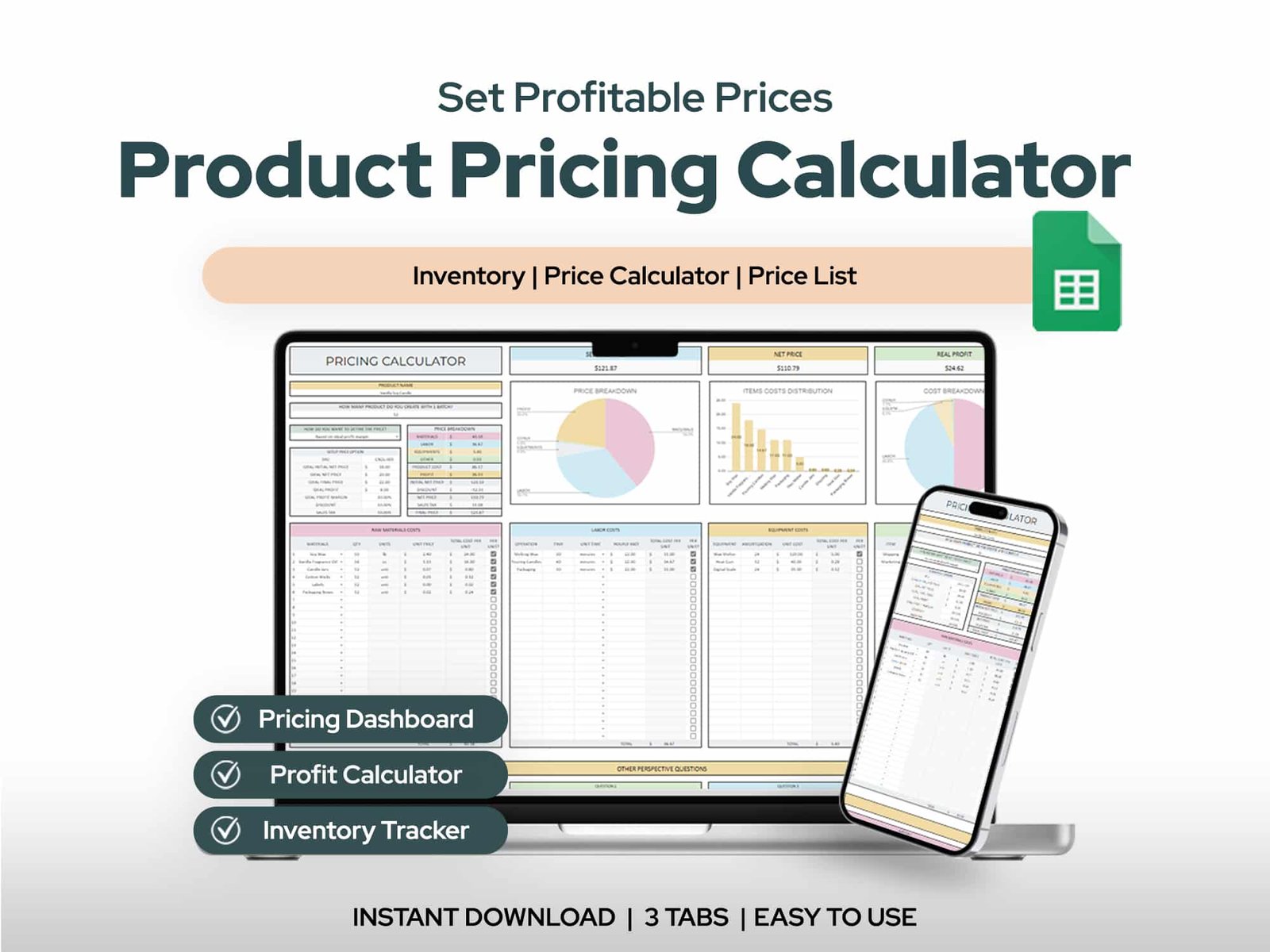 Product Pricing Calculator Spreadsheet | Cost, Profit & Inventory Management Tool