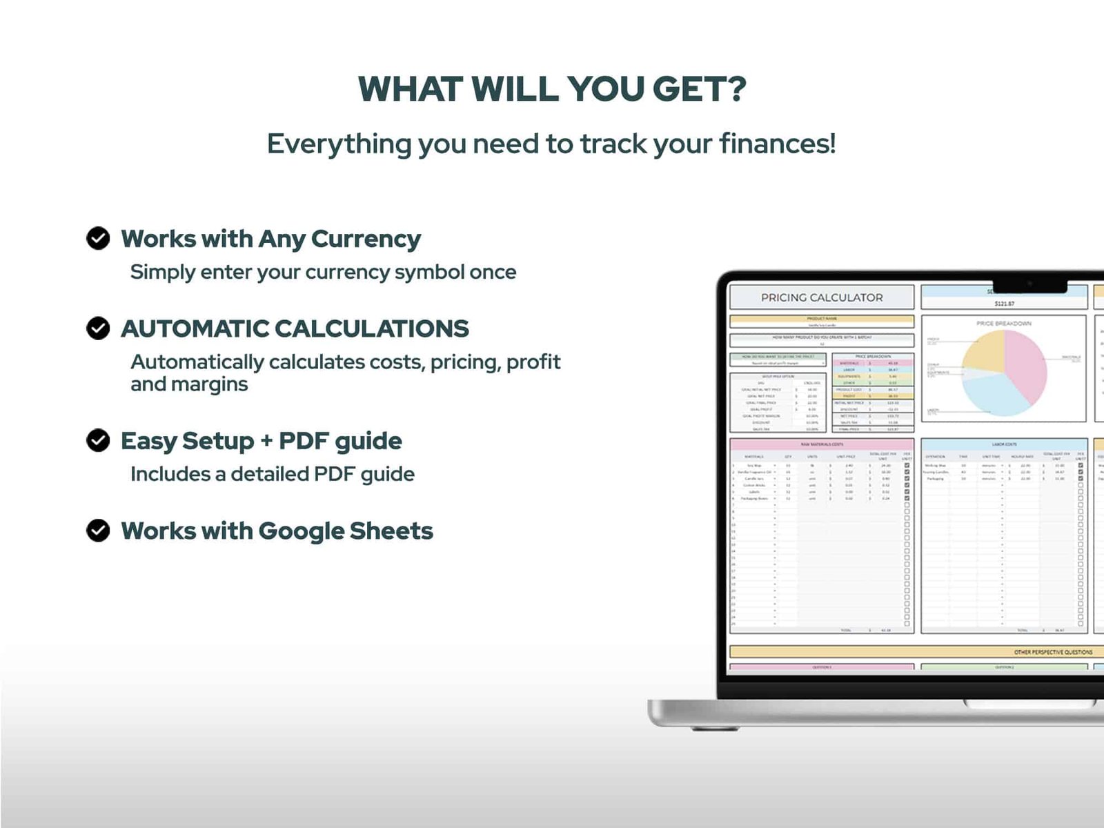 Product pricing spreadsheet features including automatic calculations inventory tracking