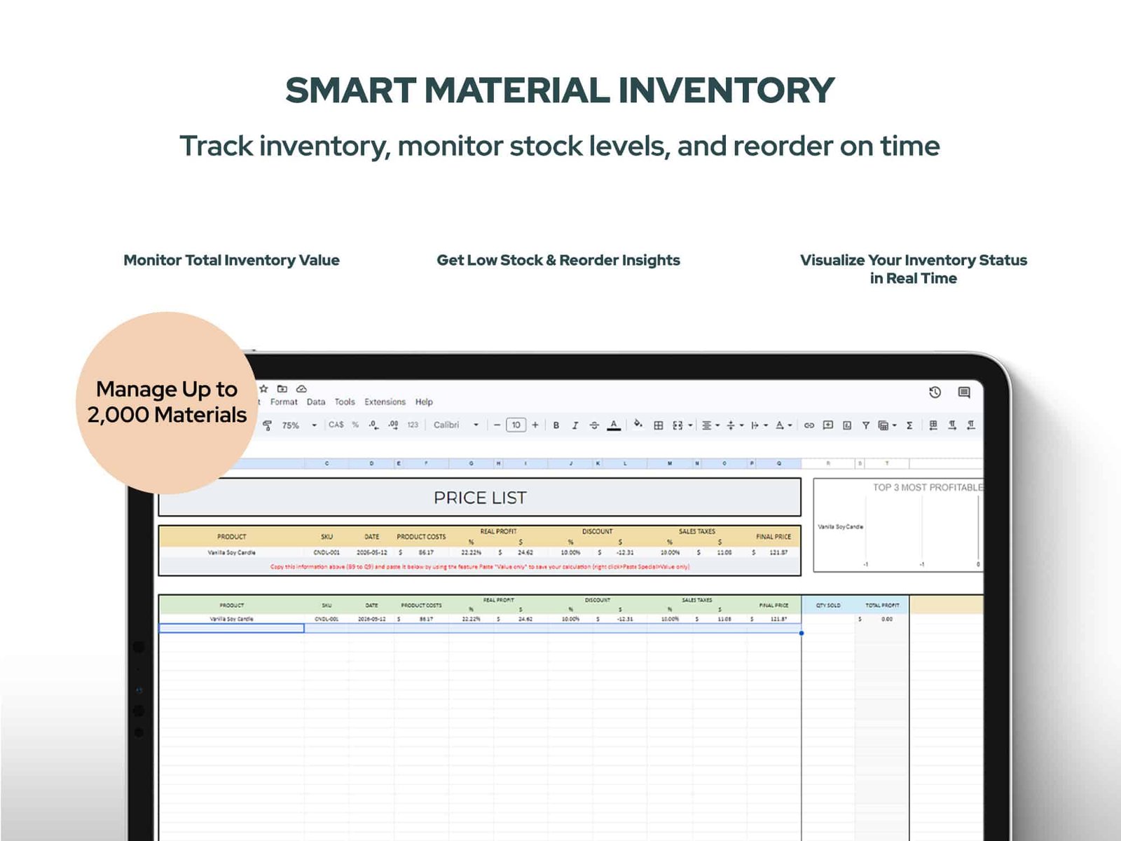 Product Pricing Calculator Spreadsheet | Cost, Profit & Inventory Management Tool