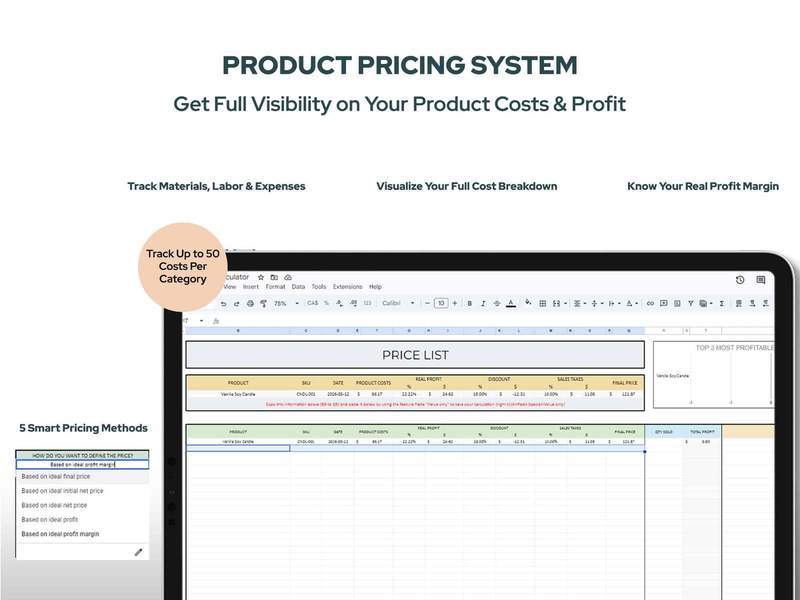 Product Pricing Calculator Spreadsheet | Cost, Profit & Inventory Management Tool