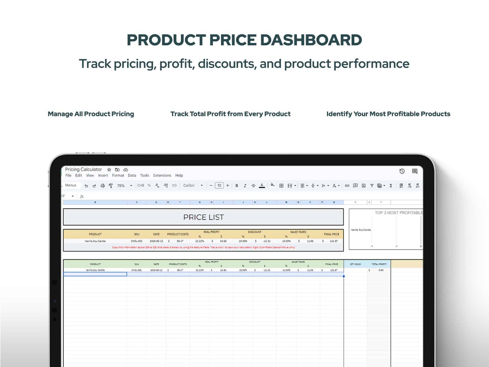Product Pricing Calculator Spreadsheet | Cost, Profit & Inventory Management Tool